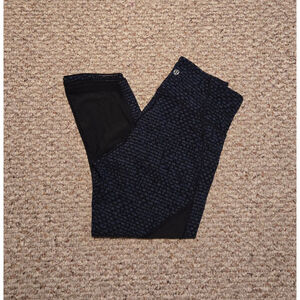 Lululemon Wunder Under Leggings Navy Blue Black Print Mesh Lace Trim Women's